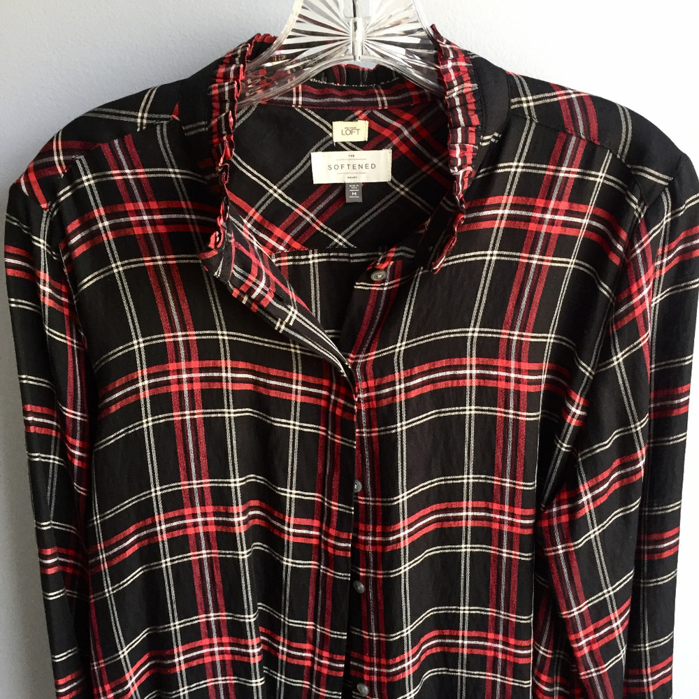 LOFT "The Softened Shirt" Ruffle Plaid Buttondown